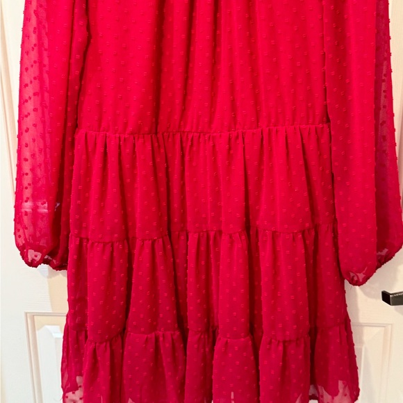 EUC- Altar’d State Red Swiss Dot Tiered Long Sleeve Mini Dress - Picture 3 of 13